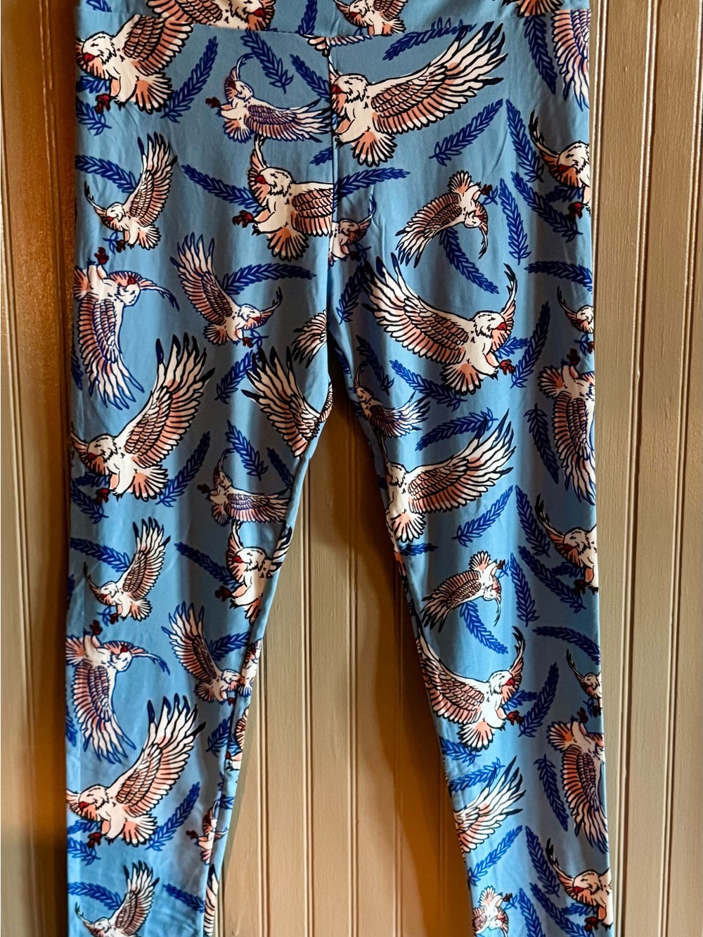 LuLaRoe Blue Leggings with Cream & Pink Bird Print Tall & Curvy